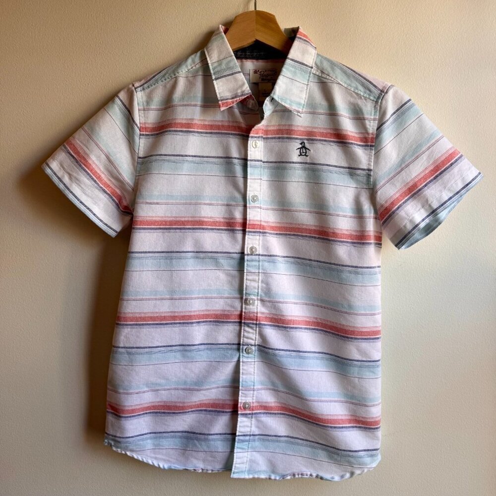 An Original Penguin Button Down Shirt Short Sleeve Youth Size Large 100% Cotton